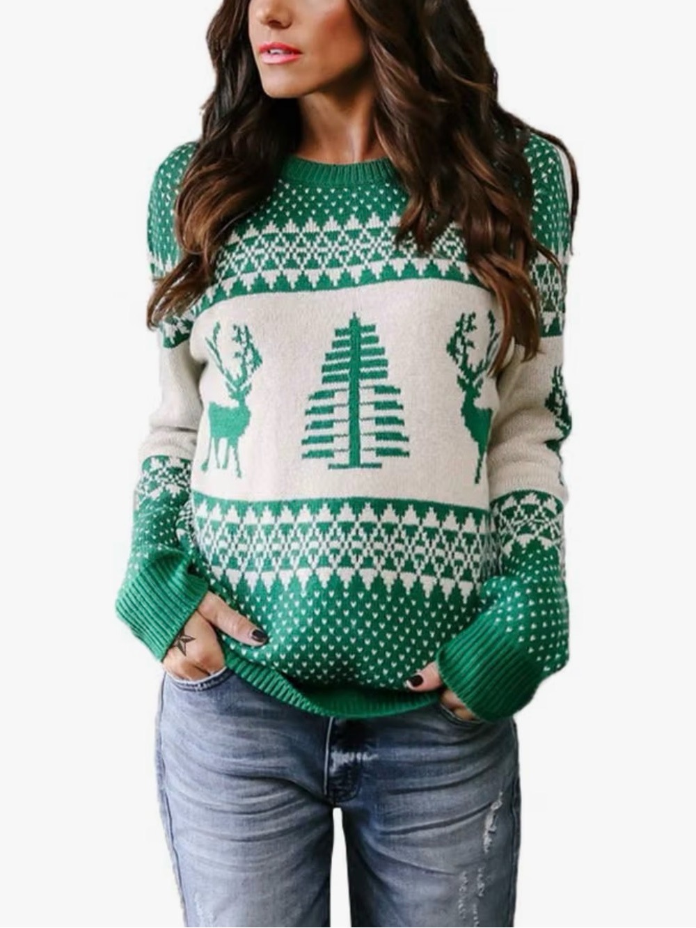 Women’s Green & White Reindeer Fair Isle Crewneck Sweater
